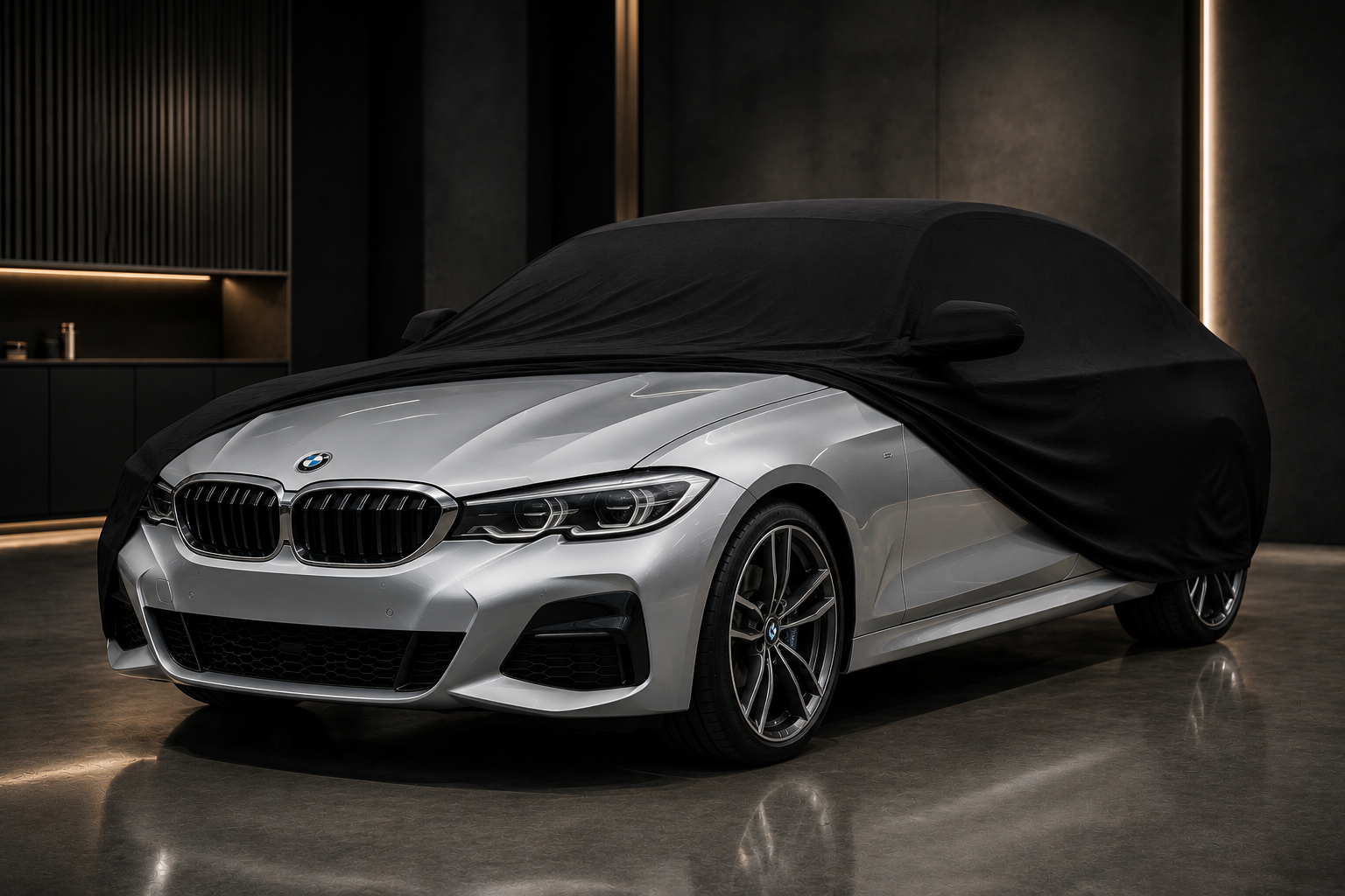 BMW 3er mit schwarzer Indoor Autoabdeckung