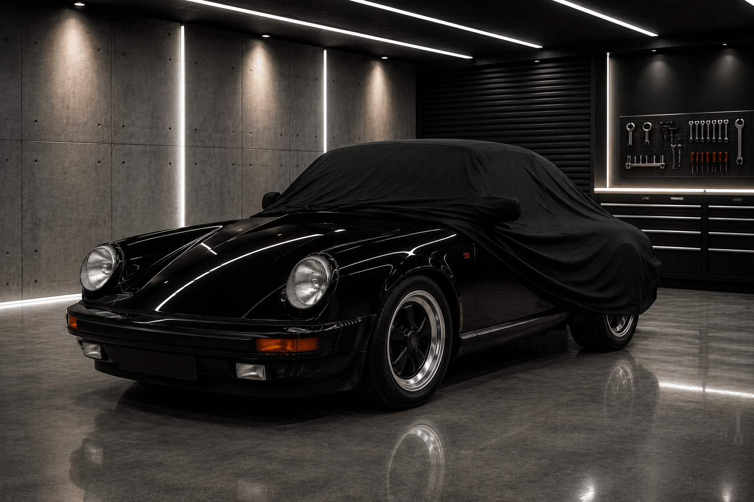 Porsche 911 mit schwarzer Indoor Autoabdeckung